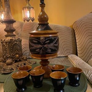Vintage Hand Carved Wooden Pitcher and Cup Set Engraved Wood Drinkware Set
